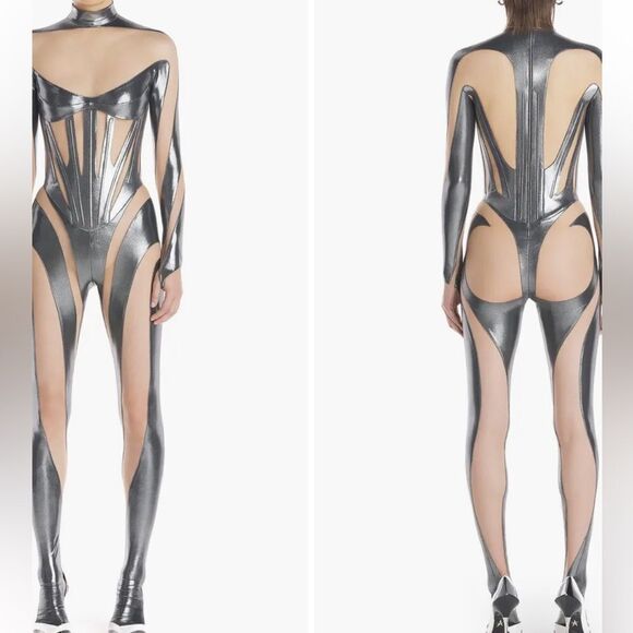 Mugler Iconic Illusion Mesh CatsuitJumpsuits Silver & Nude 34/2NWT $2400